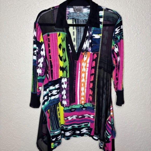 Lynn Ritchie Silver Multi-Color Contemporary Abstract Tunic Top Women's Size L - Picture 2 of 14